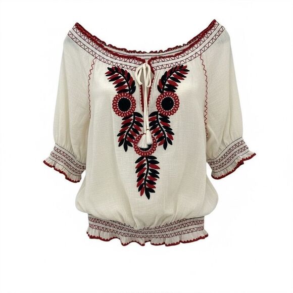 Tory Burch Tops - Tory Burch Mari Peasant Top Size Medium Embroidered Floral Cream Red